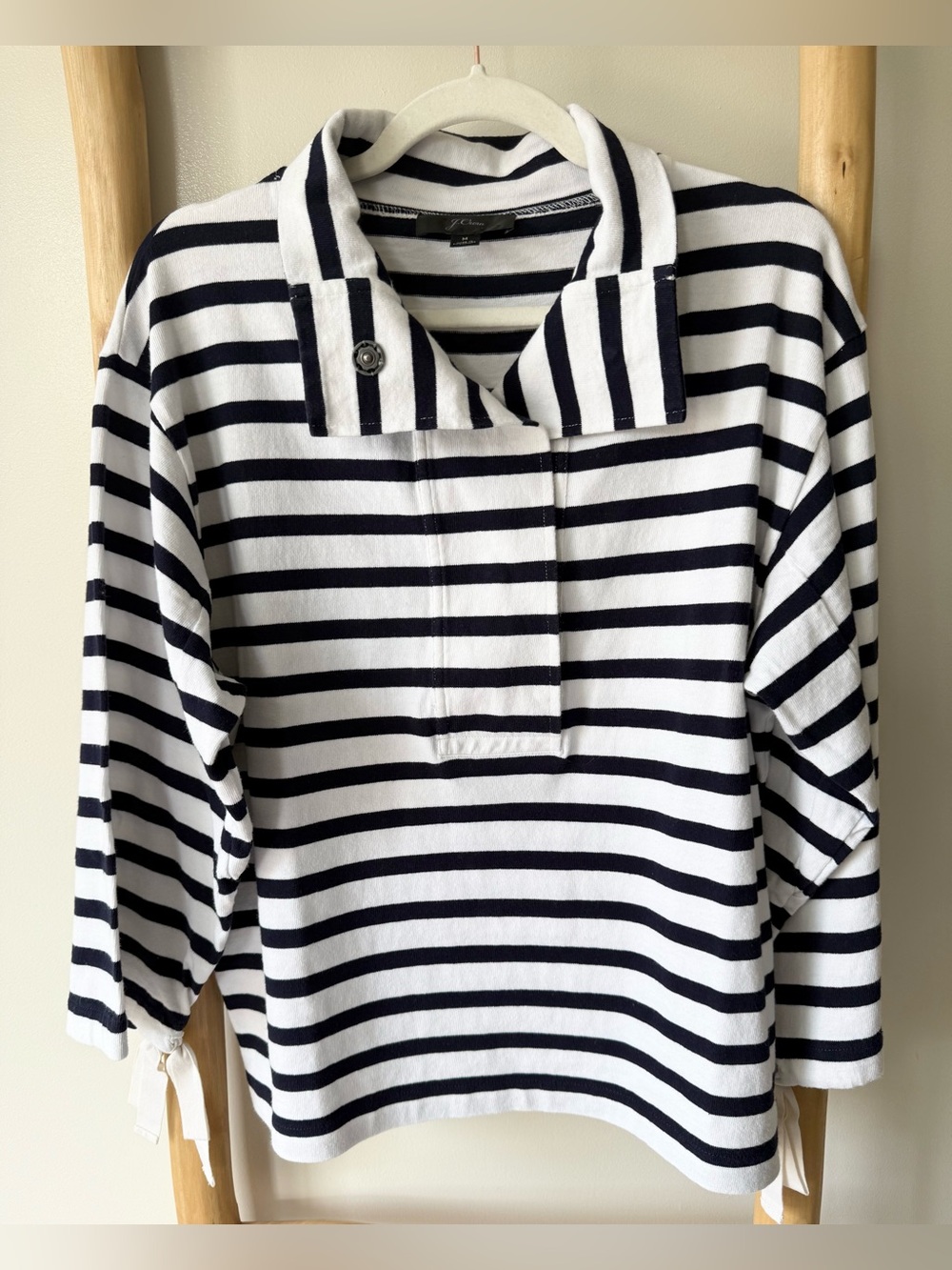J. Crew Navy White Striped Snap Neck Knit Nautical 3/4 Tie Sleeve Pullover M - Picture 3 of 12